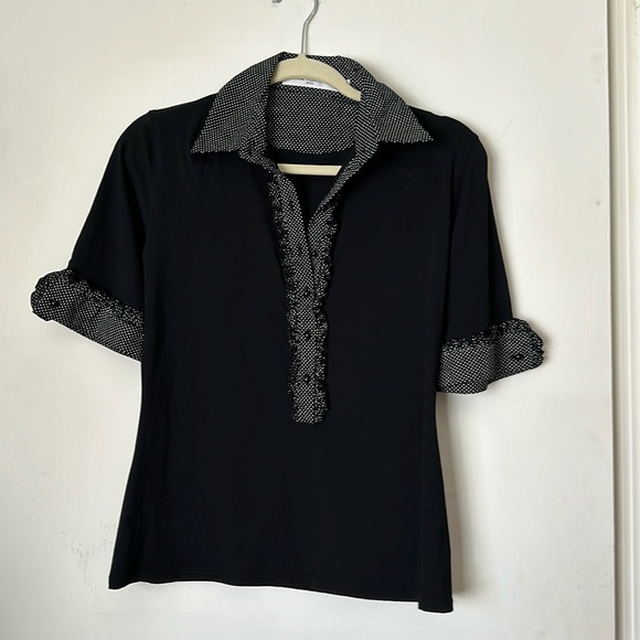 Anne Fontaine Sully black short sleeve top with mini polka dots and ruffles. - Picture 1 of 8